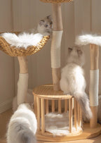 Close-up of handwoven rattan basket platform on natural wood cat tree