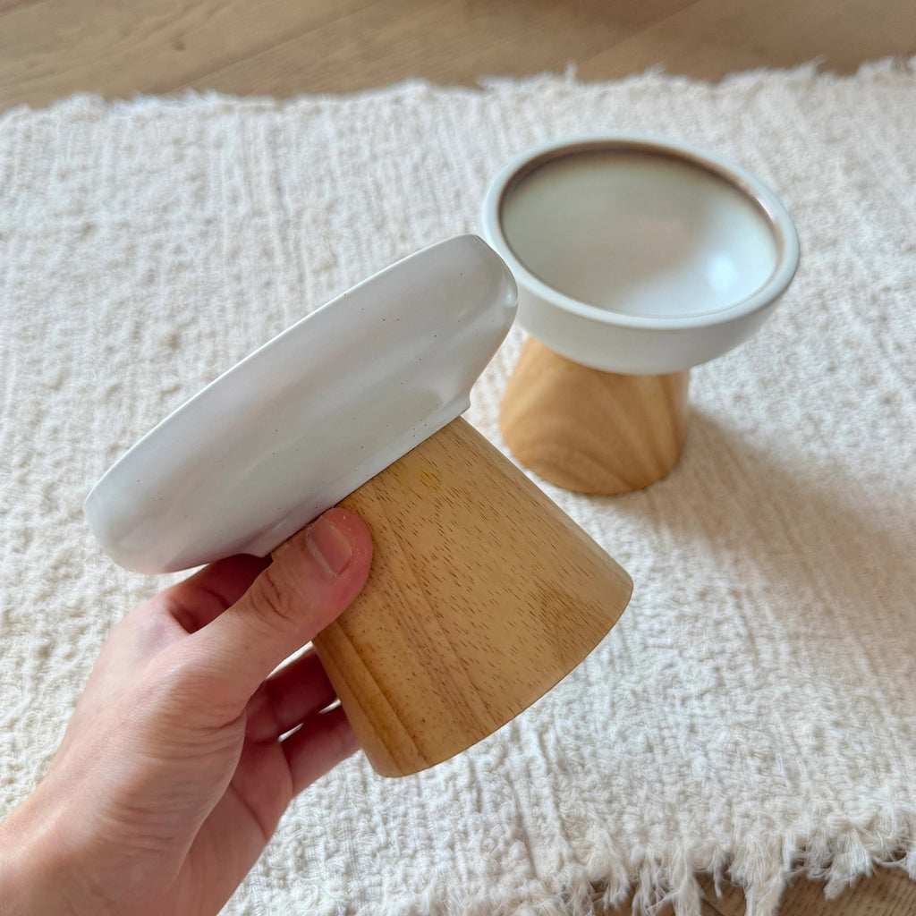 feature of wood cat bowl