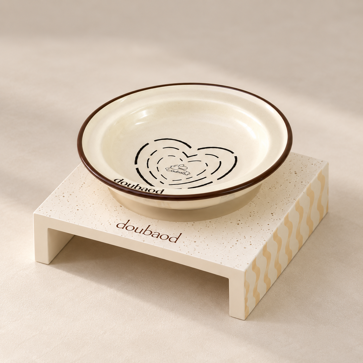 Pale green MeAura cat feeding bowl on a cream raised feeding stand