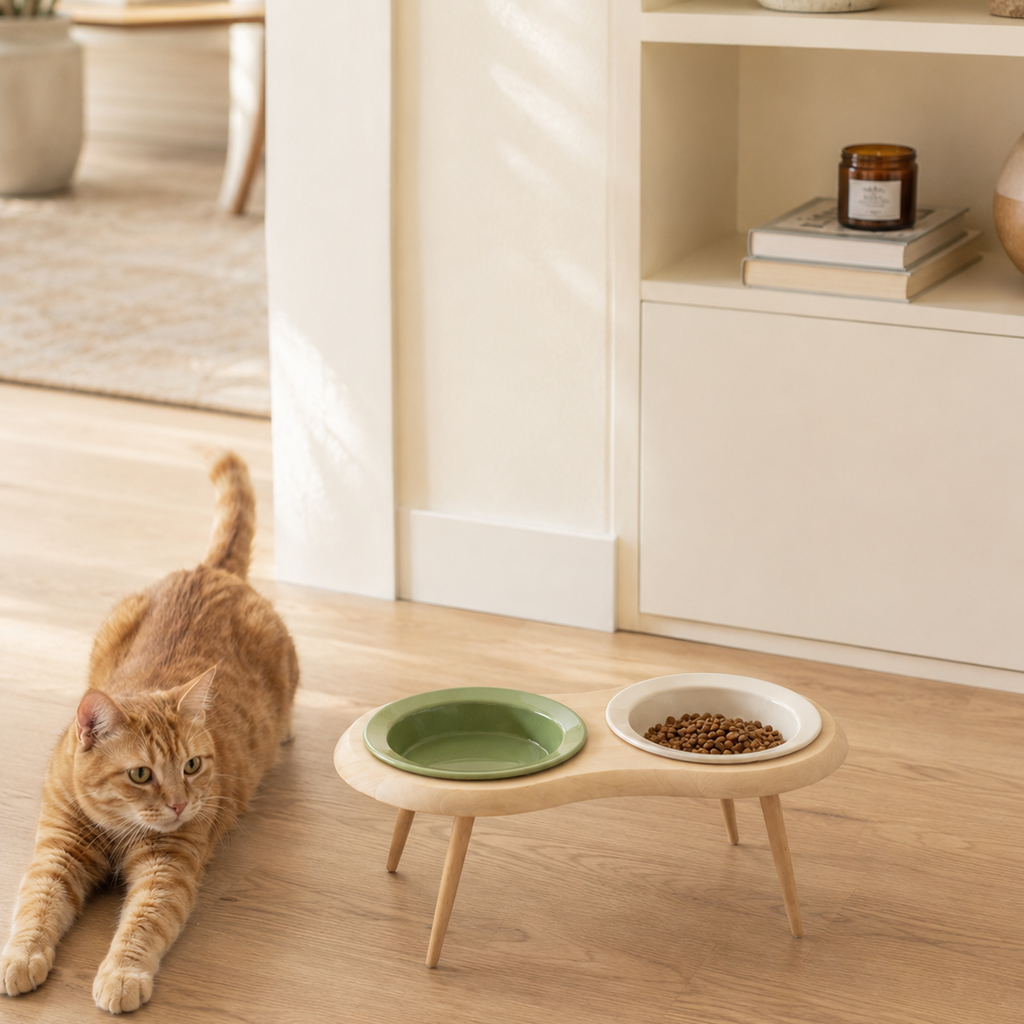 Kitten approaching elevated double ceramic cat bowl with wooden frame