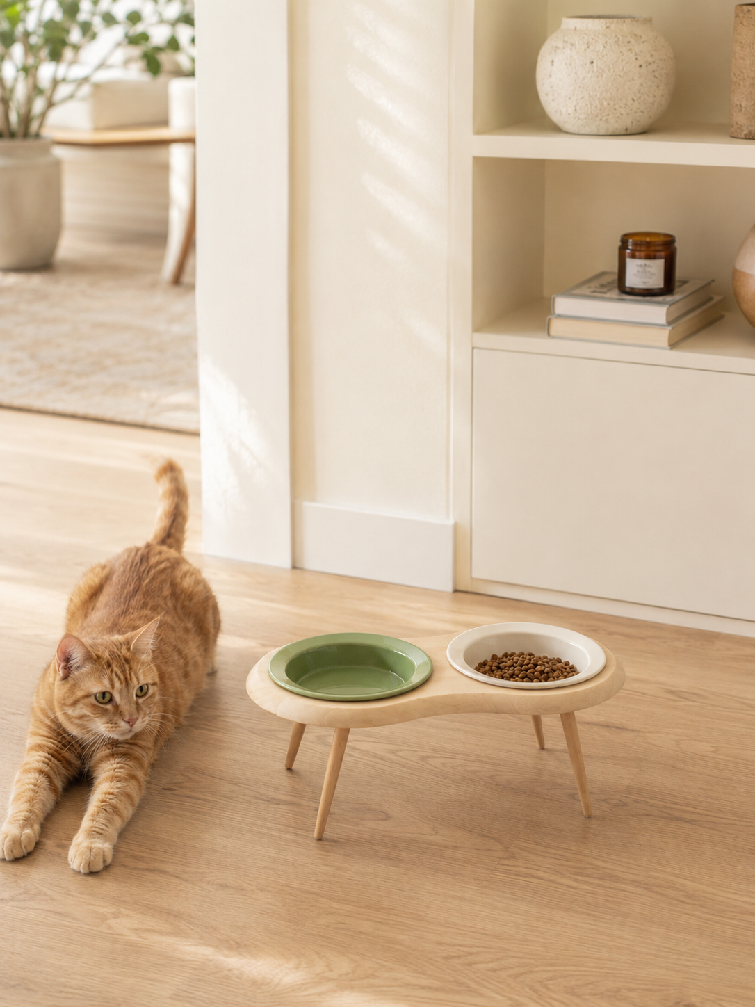 Kitten approaching elevated double ceramic cat bowl with wooden frame