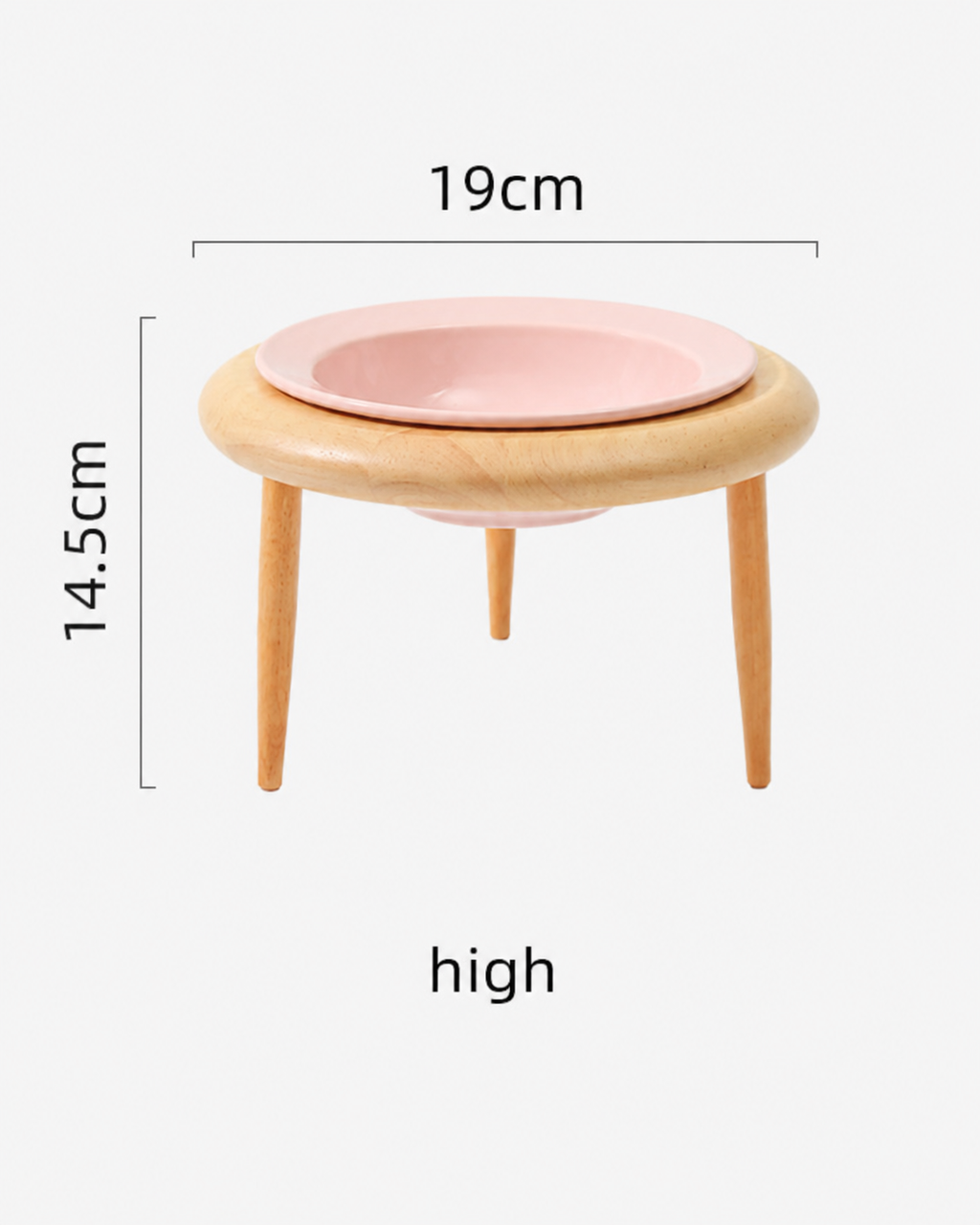 Dimension diagram of high version wooden leg cat bowl: 16cm wide, 14.5cm tall