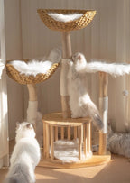 Luxury Multi-Tier Rattan Cat Tree | Natural Wood · 120cm