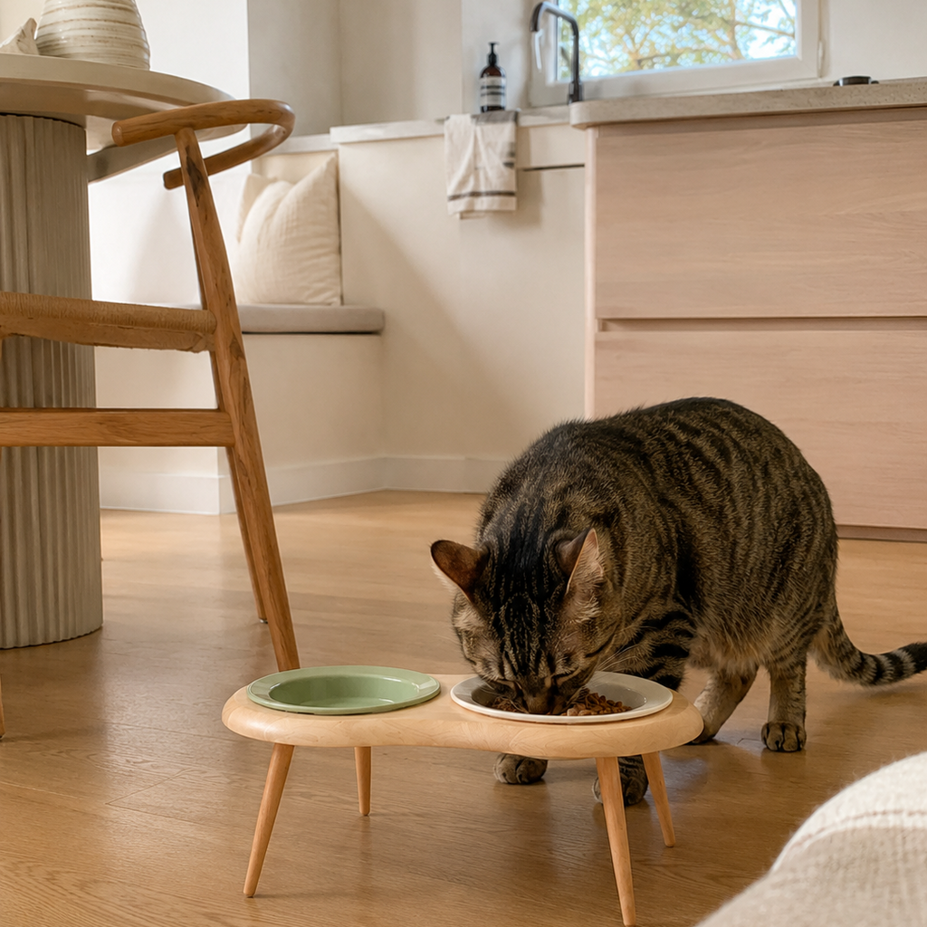 Cat eating from elevated pet bowl with wooden leg stand on timber floor