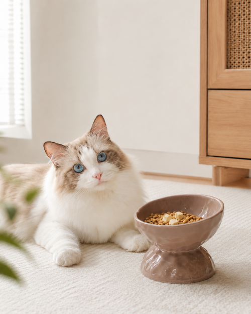 ragdoll sit beside the cat bowl