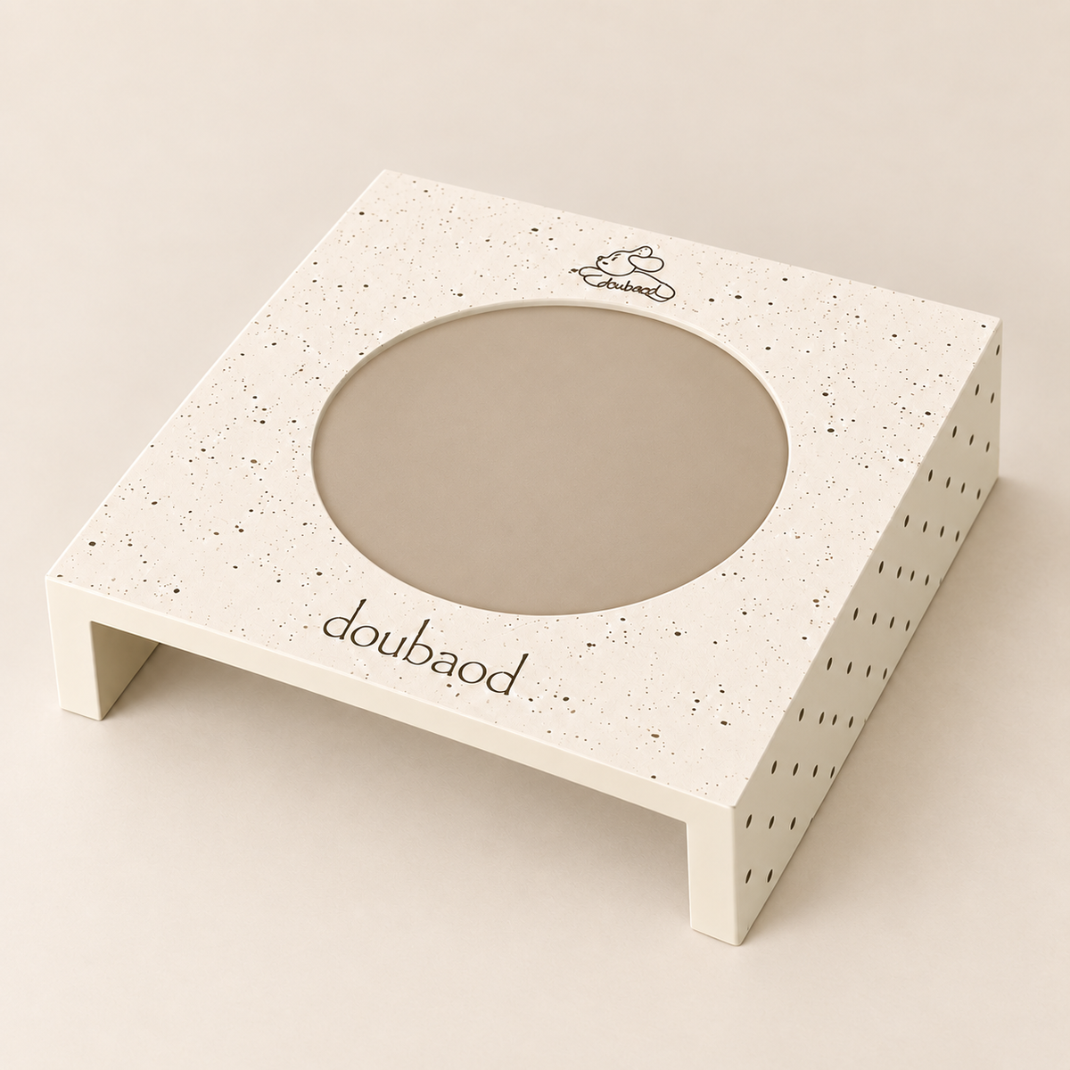 MeAura raised feeding stand with a circular bowl opening and dark checkered side panel