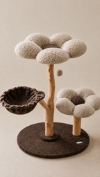 Brown cloud cat tree with hammock bowl and dark wood pole, front view