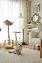 Nordic minimalist cat tree with natural wood finish in modern living room