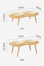 Size comparison diagram of high and low wooden leg pet bowl stands with measurements