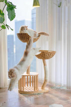 Double Nest Rattan Cat Tree | Solid Timber · 110cm