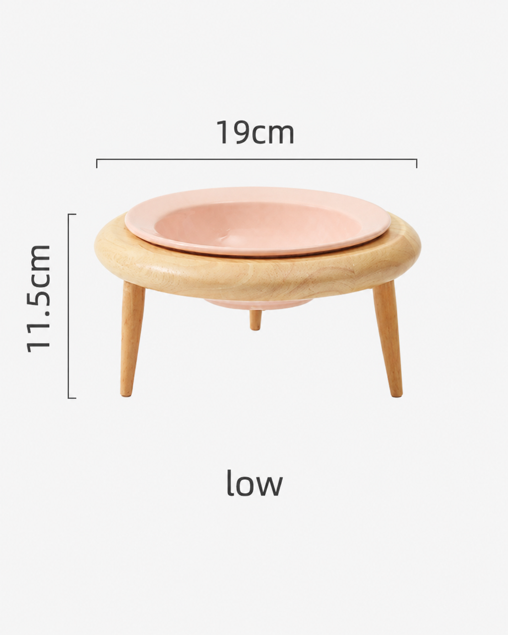 imension diagram of low height wooden leg cat bowl: 19cm wide, 11.5cm tall