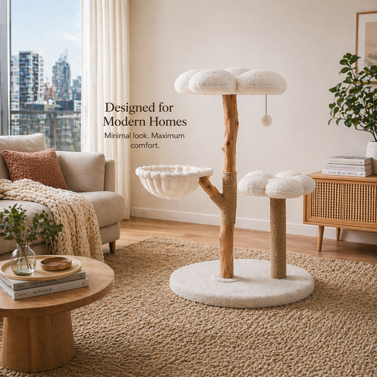 Bloom Series Cat Tree | Solid Timber · 86cm — Cream