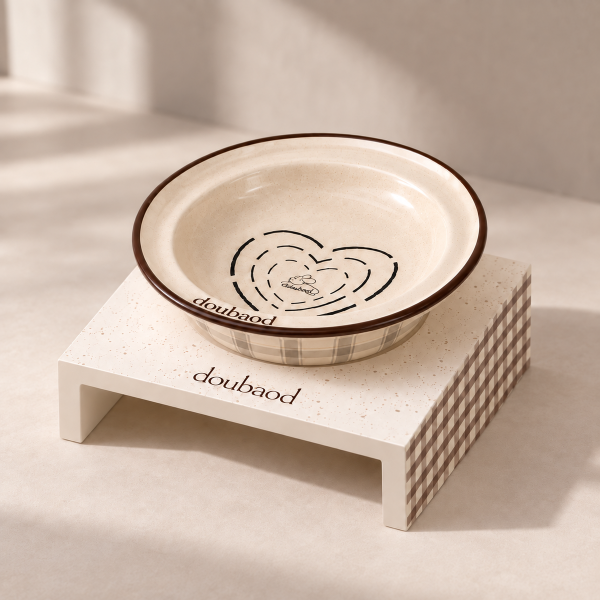 Cream MeAura cat feeding bowl on a raised stand with a dark checkered side panel