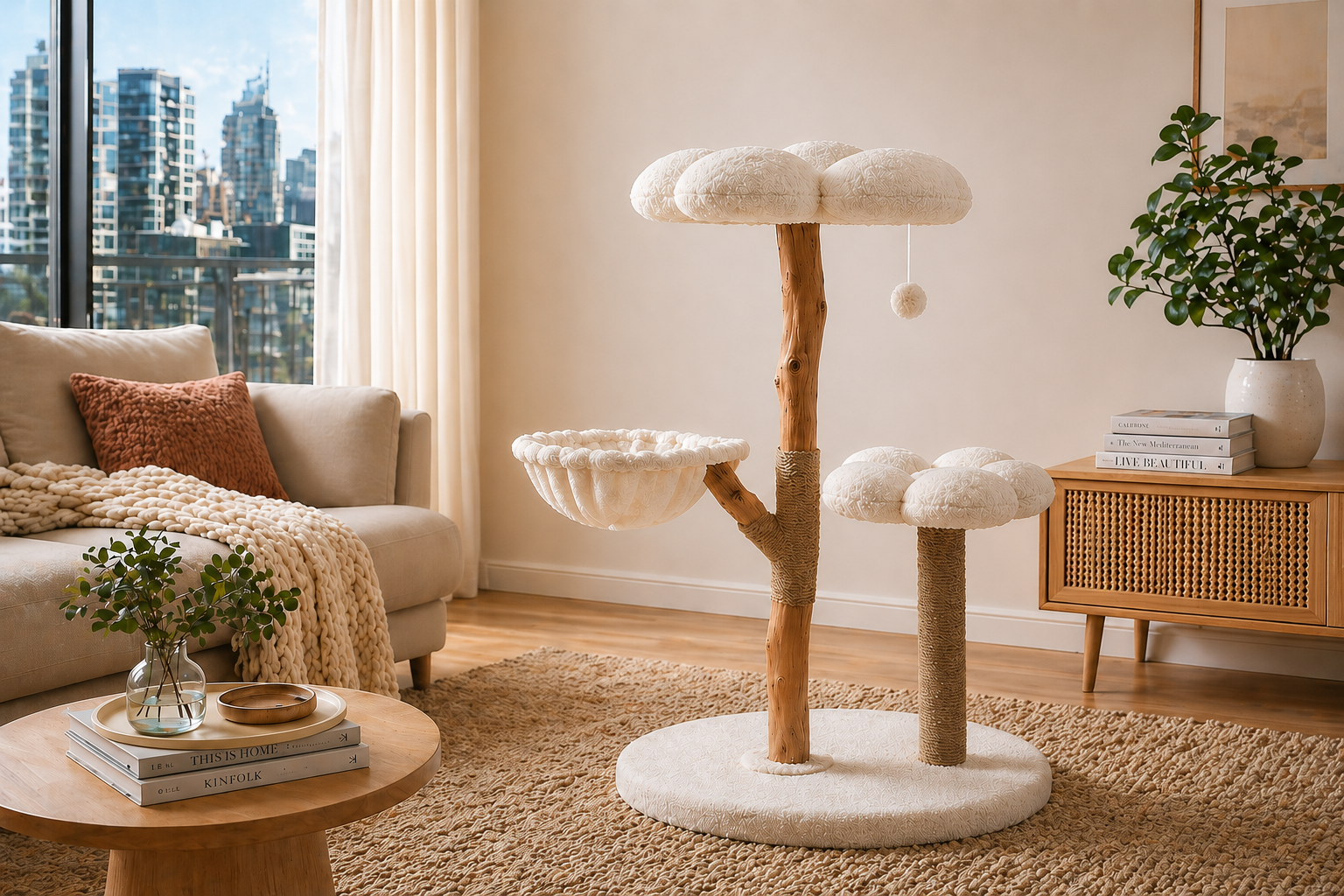 A modern wooden cat tree in a modern Australian living room