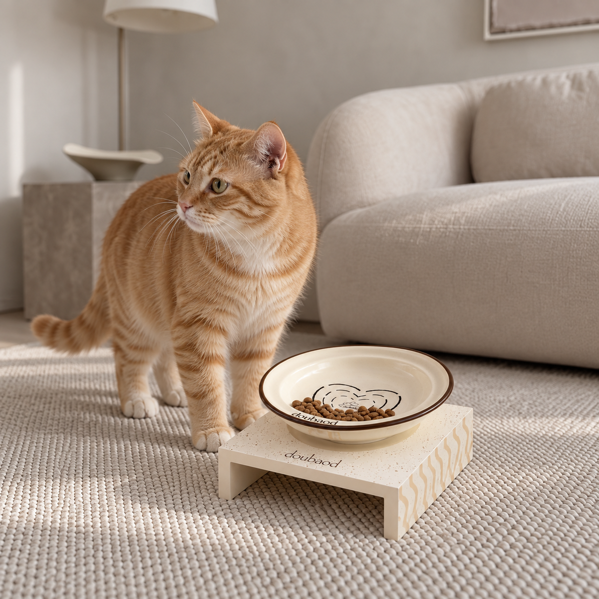 Ginger cat standing beside a MeAura bowl on a cream raised feeding stand