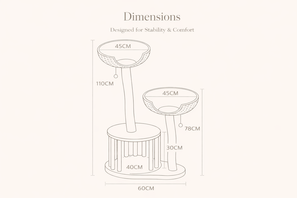 Double Nest Rattan Cat Tree | Solid Timber · 110cm