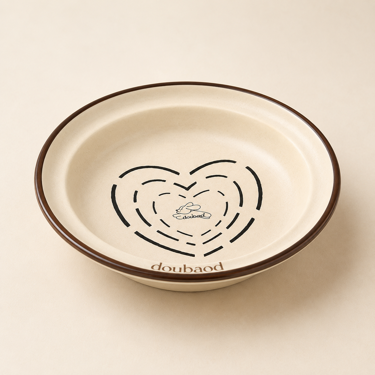 Cream MeAura cat feeding bowl with a dark rim and heart-shaped cat illustration