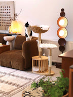 Single rattan basket cat tree tower - modern wooden cat furniture for home